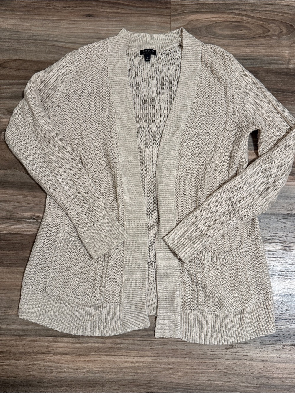 Talbots Linen Cardigan Open Knit Beige Women's SP Petite Coastal Beachy